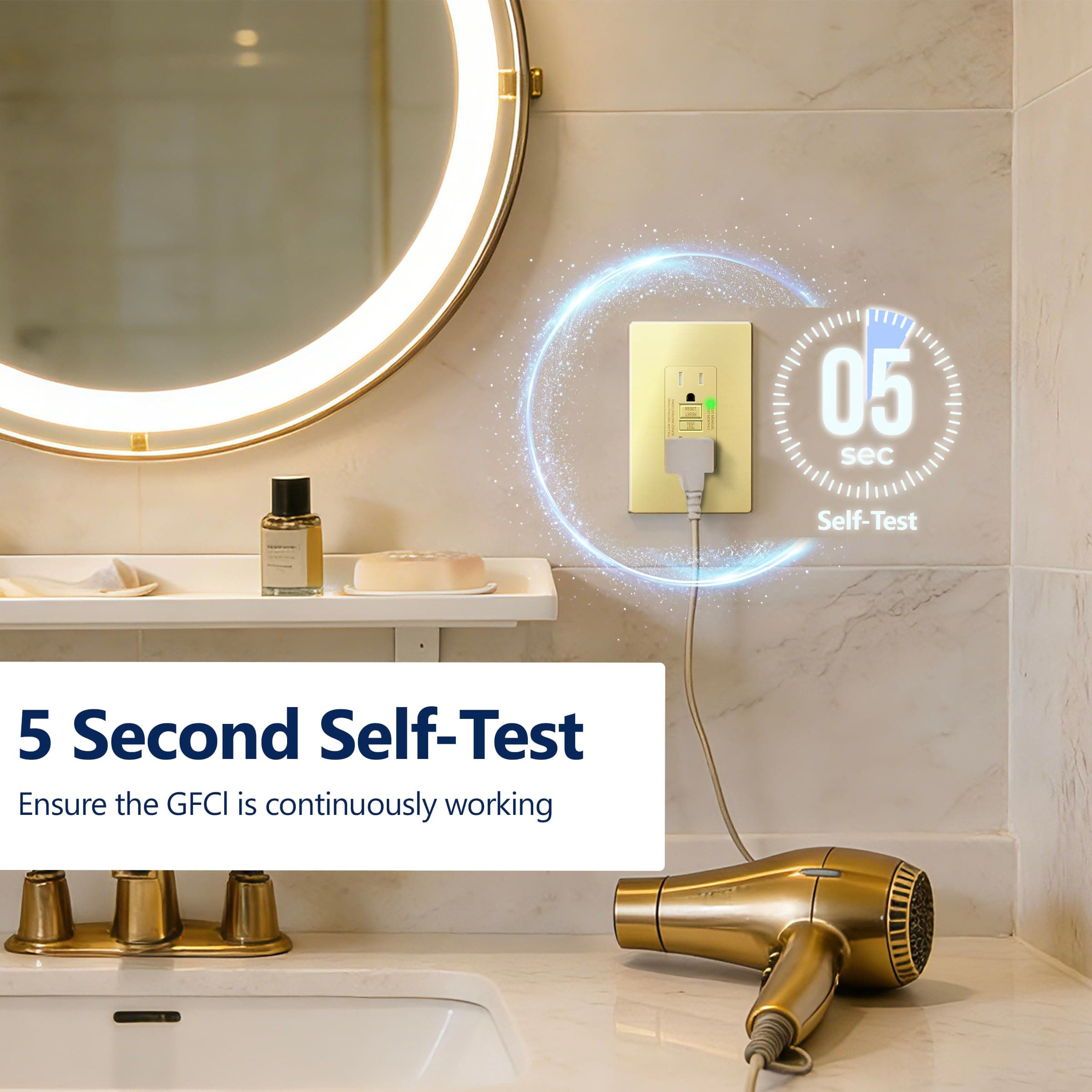 LIDER 15A GFCI Outlet, GFI Receptacle, Self-Test, ETL Listed, Matte Gold, view 8