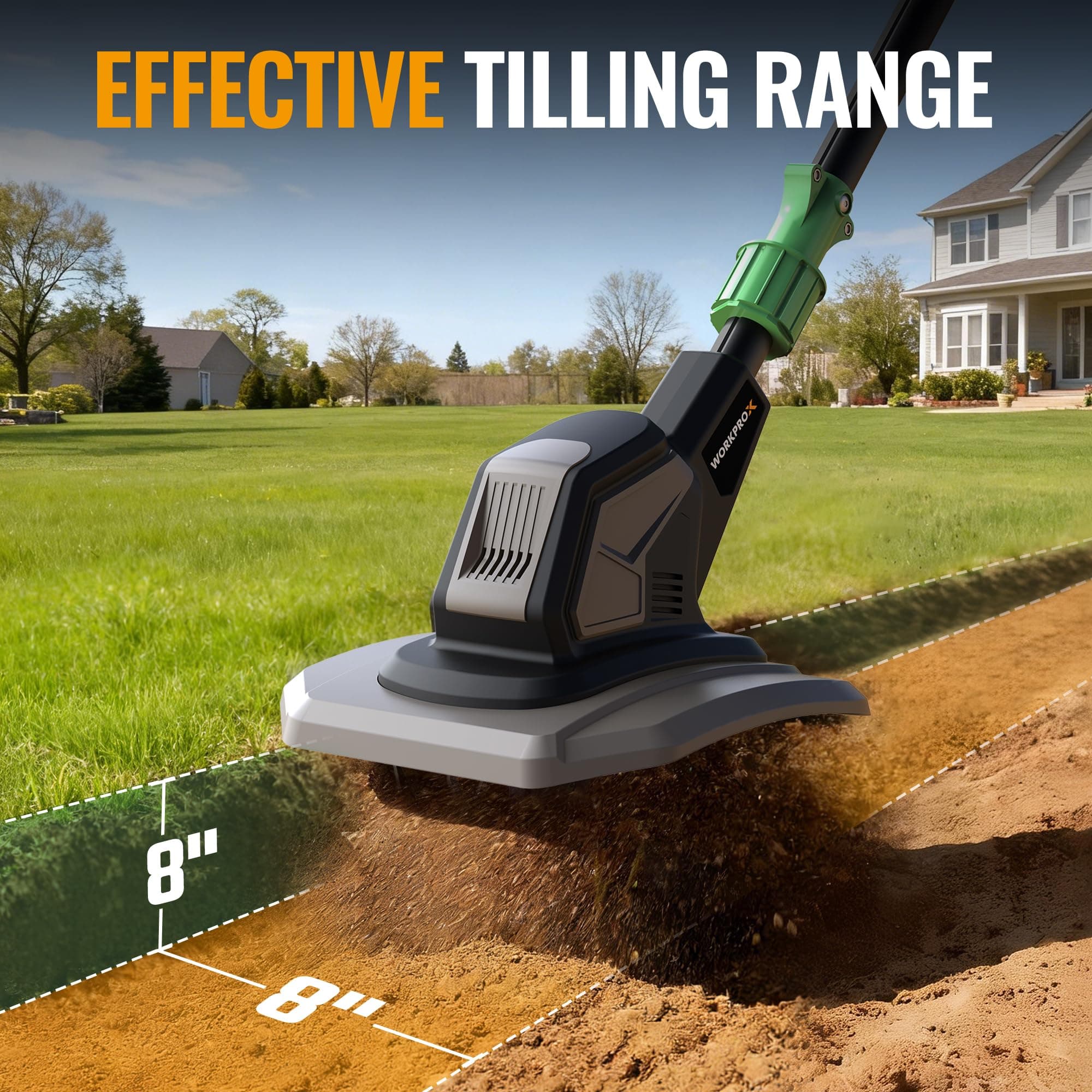WORKPROX 20V Cordless Tiller Cultivator, 4×12 Durable Steel Tines, 8-Inch Wide & Deep Garden Rototiller, 4.0Ah Battery Powered, Electric Cultivator for Soil, Lawn & Garden, view 2