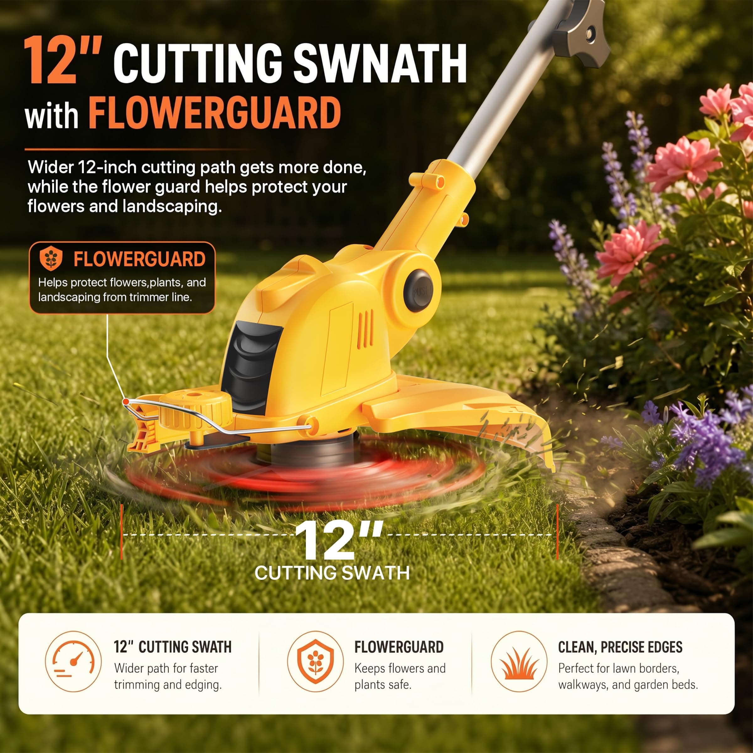 ALSO GO 21V Cordless Weed Wacker,12 Inch String Trimmer with Auto Line Feed, Battery Powered Weed Eater with 2 x 2.0Ah Batteries &10 Spare Spools, 2-in-1 Weed Whacker& Edger Lawn Tool for Yard, Garden, view 3