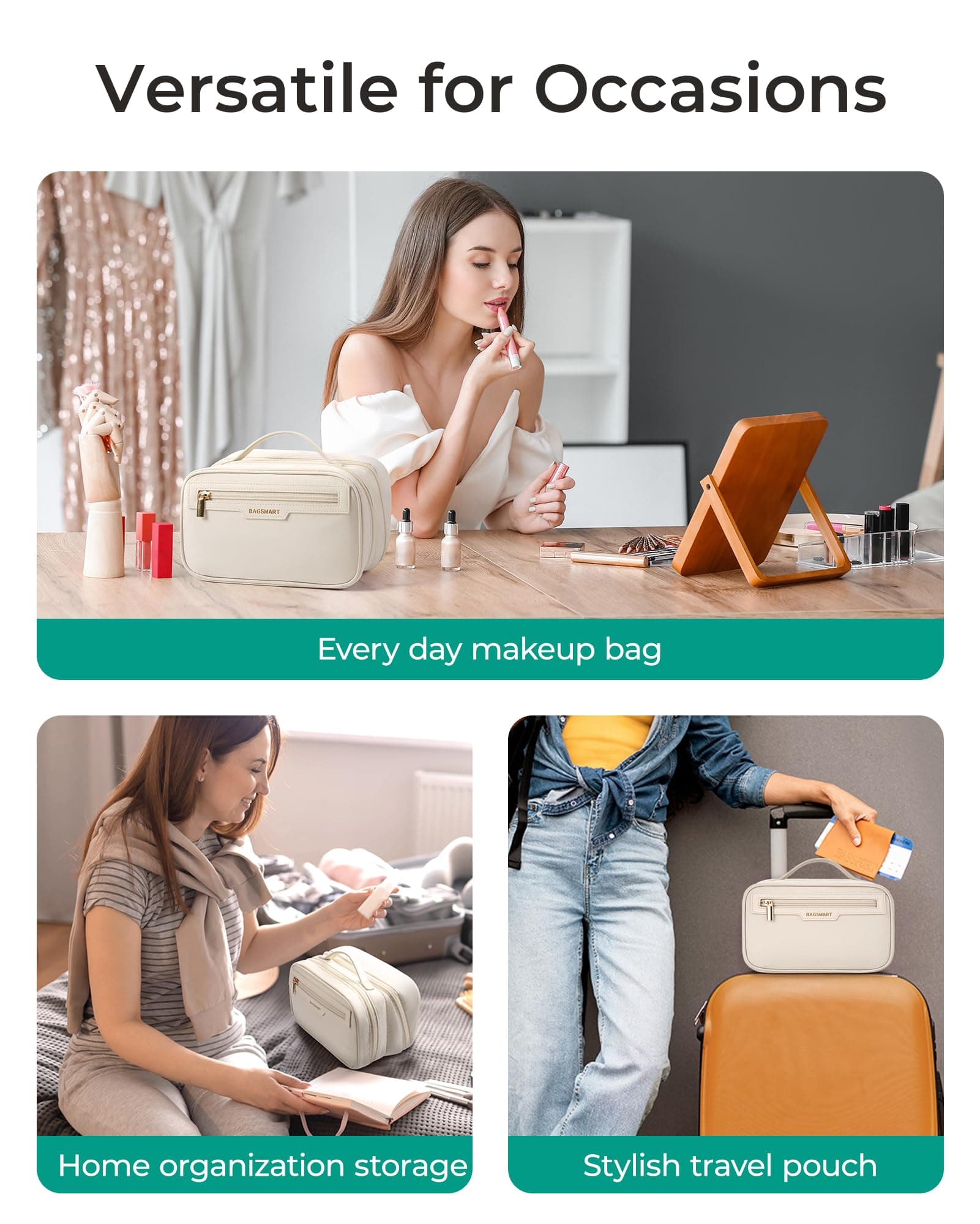 BAGSMART Travel Makeup Bag, Make Up Bag with Multiple Compartments for Organizer, Durable & Compact Cosmetic Organizer for Women for Travel Accessories (Beige), view 7