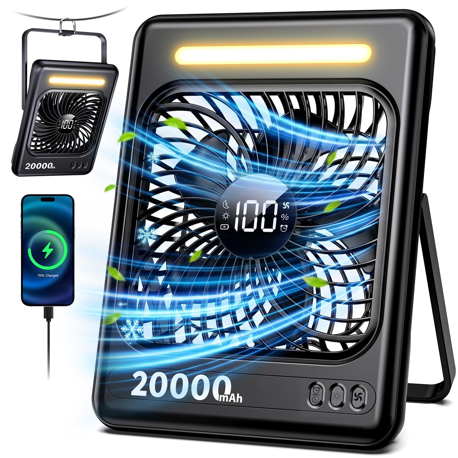 20000mAh Battery Powered Fan, Max 60H Runtime, Ultra-Slim Travel Fan, 5 Speeds Portable Rechargeable Fan with LED Lantern, 2/4/6/8 Timer Personal Camping Fan for Cruise Fishing Ship Tent Office Home, TickClip Tick verdict