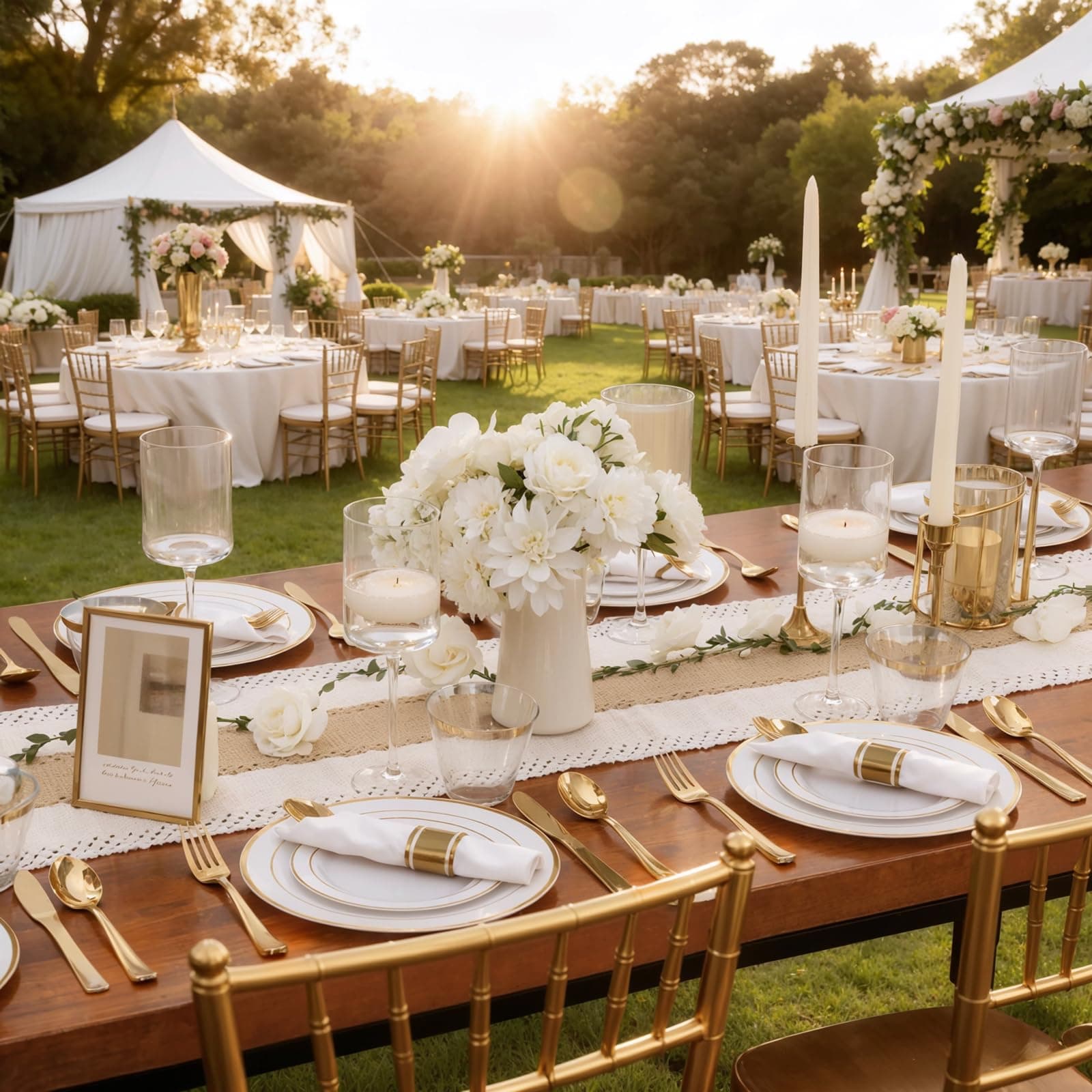 WDF Partyware 350Piece Gold Dinnerware Set for 50 Guests - Gold Plastic Plates with Disposable Cutlery - 50Dinner Plates-50Dessert Plates-50Pre Rolled Napkins with Silverware for Wedding/Birthday, view 4