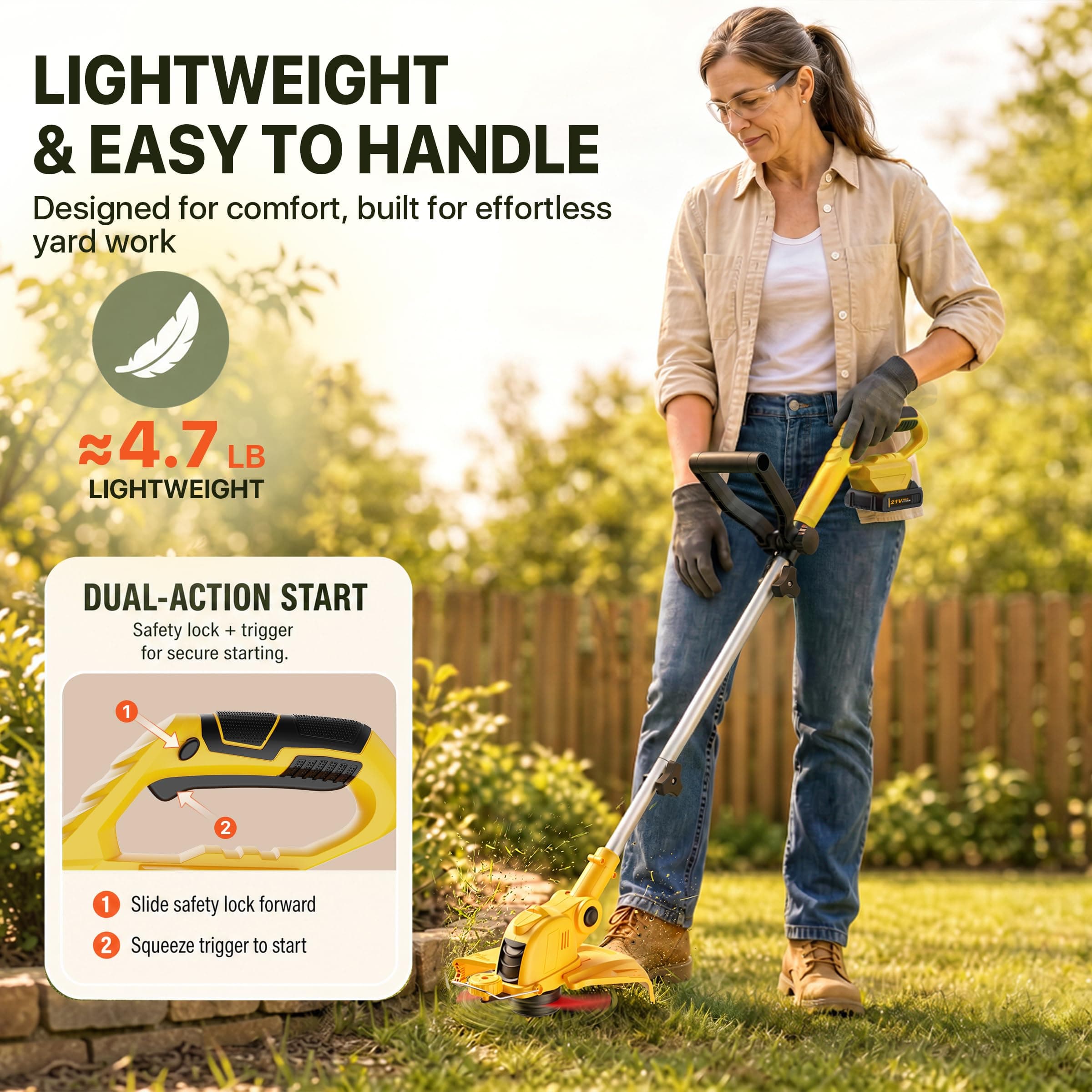 ALSO GO 21V Cordless Weed Wacker,12 Inch String Trimmer with Auto Line Feed, Battery Powered Weed Eater with 2 x 2.0Ah Batteries &10 Spare Spools, 2-in-1 Weed Whacker& Edger Lawn Tool for Yard, Garden, view 7