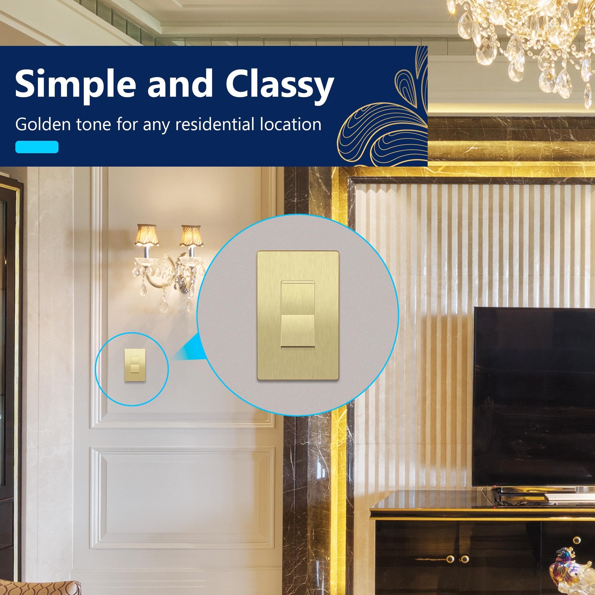LIDER Frameless Paddle Wall Light Switch, 3 Wire, 15A -277VAC, Brushed Gold, view 5