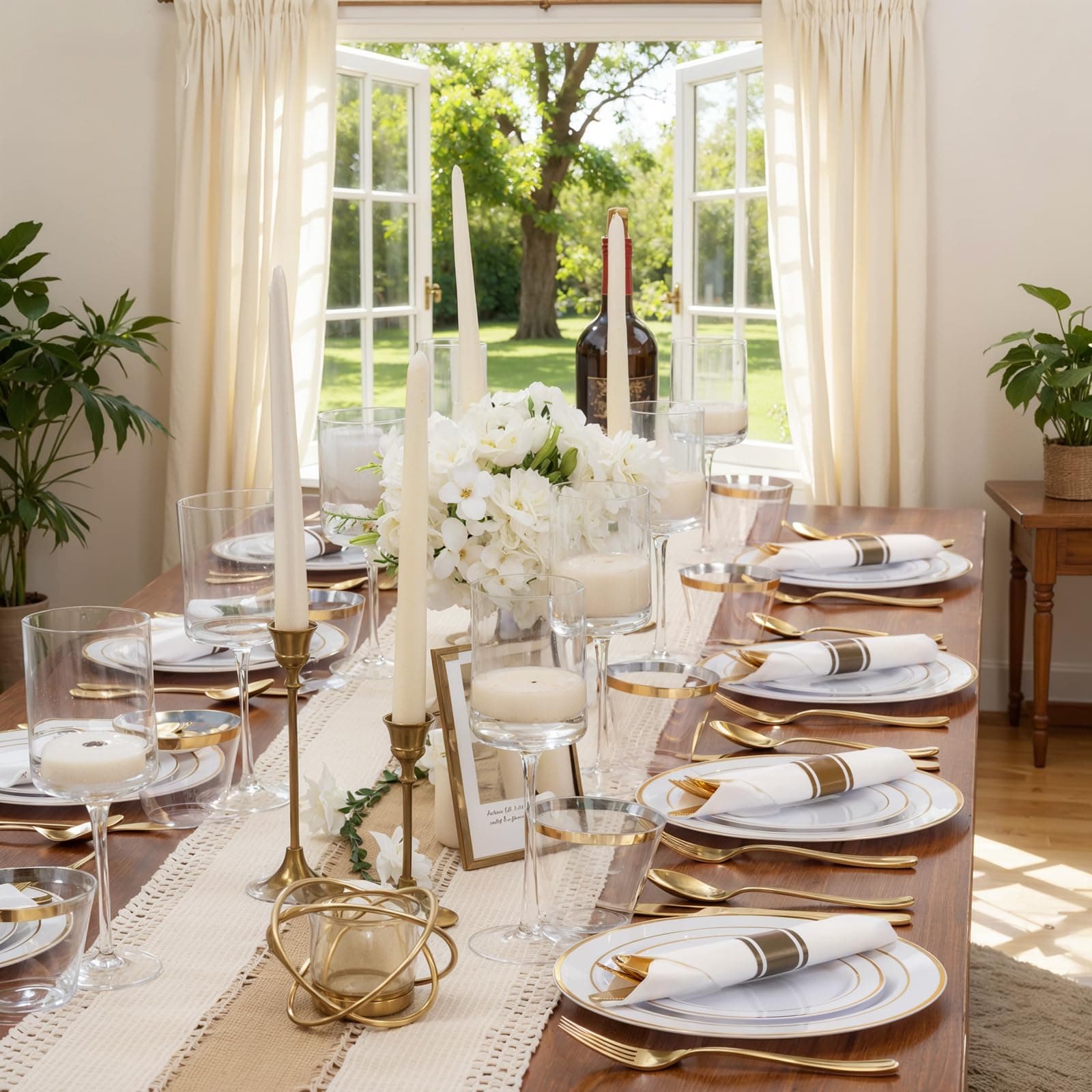 WDF Partyware 350Piece Gold Dinnerware Set for 50 Guests - Gold Plastic Plates with Disposable Cutlery - 50Dinner Plates-50Dessert Plates-50Pre Rolled Napkins with Silverware for Wedding/Birthday, view 5