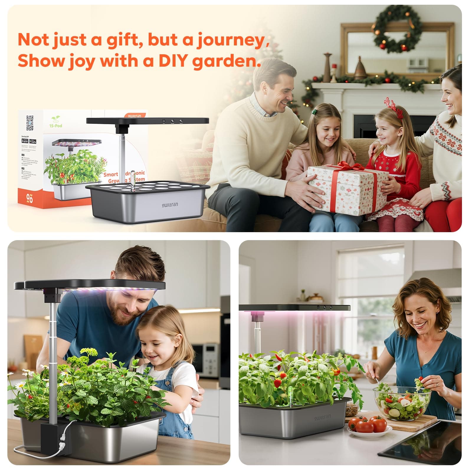 owltron Smart Hydroponics Growing System Kit,15 Pods Indoor Herb Garden with 36W LED Grow Light & APP Control, Planting Height Up to 30", Quiet Water Pump, Ideal Gift for All Ages Dark Silver, view 9