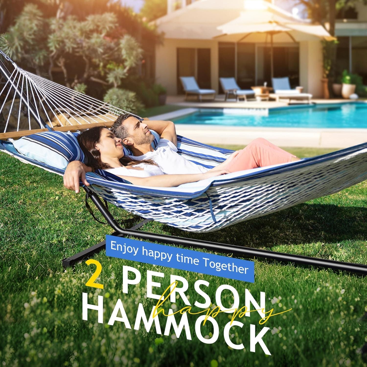 Everyfun Cotton Rope Hammock for 2 with Stand – 500 lbs Capacity, Adjustable Design with Removable Padded Mat, Portable Hammock with Carry Bag for Patio, Garden, Indoor/Outdoor Use,Blue Stripe, view 3