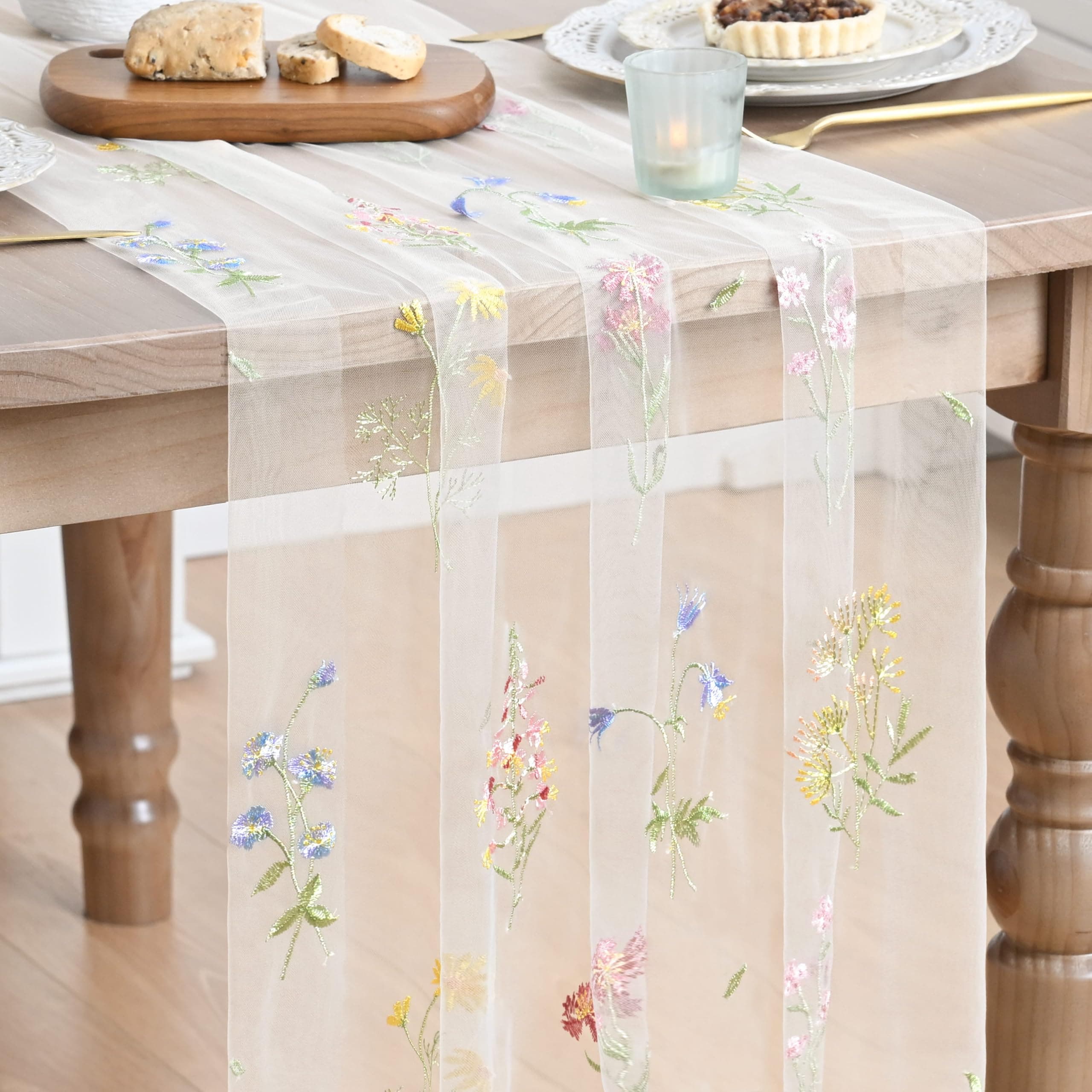 Artoid Mode 3PC Wildflower Floral Milky White Gauze Embroidery Table Runner 120 Inch 10FT, Tulle Seasonal Spring Kitchen Dining Table Decor for Home Party, TickClip Clip verdict