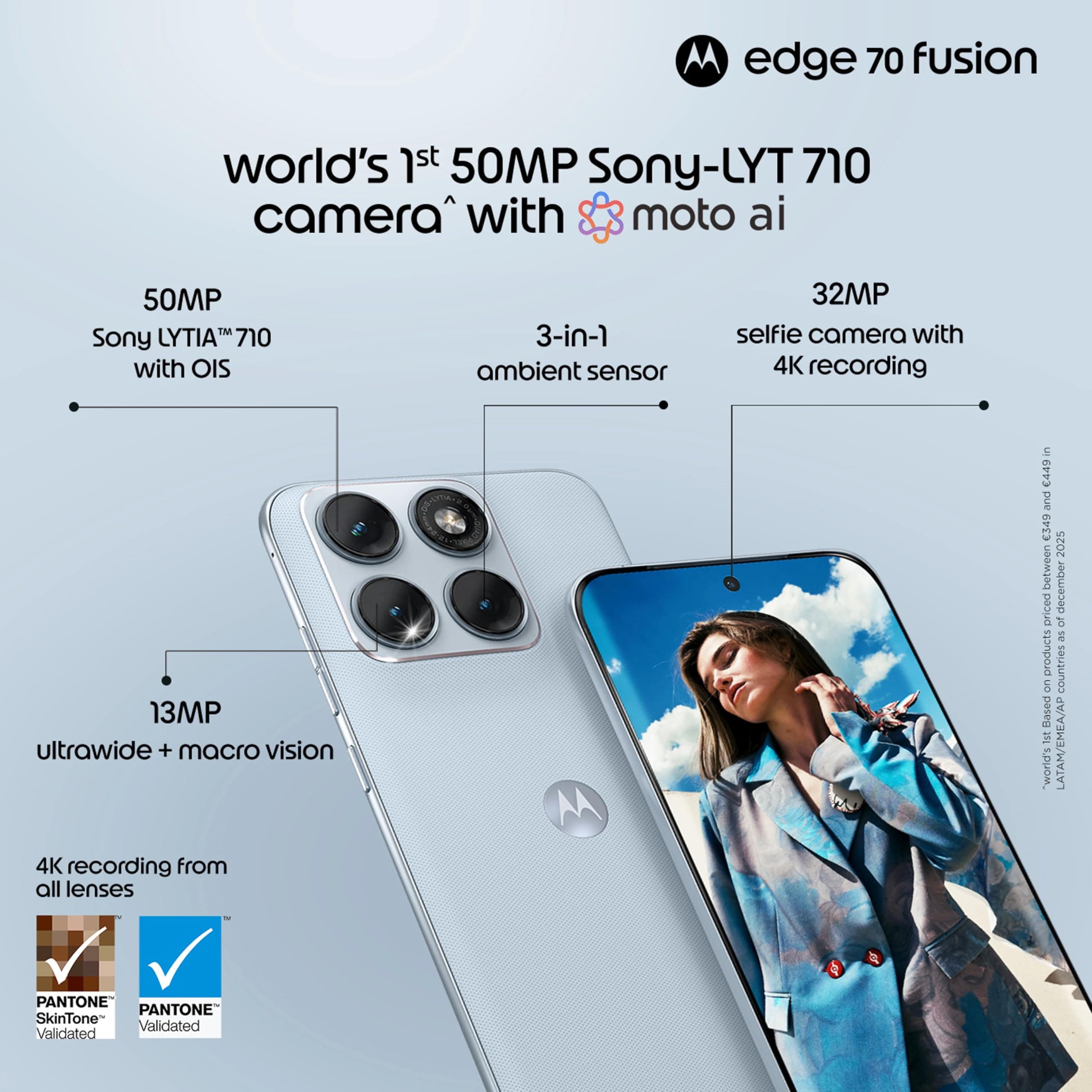 Motorola Edge 70 Fusion (Pantone Country Air, 8 GB de RAM, 128 GB de almacenamiento) | Pantalla AMOLED de 6.8 pulgadas 1.5K 144Hz | Snapdragon 7s Gen 4 | Sony LYTIA 710 OIS de 50 MP | Selfie de 32 MP, view 9