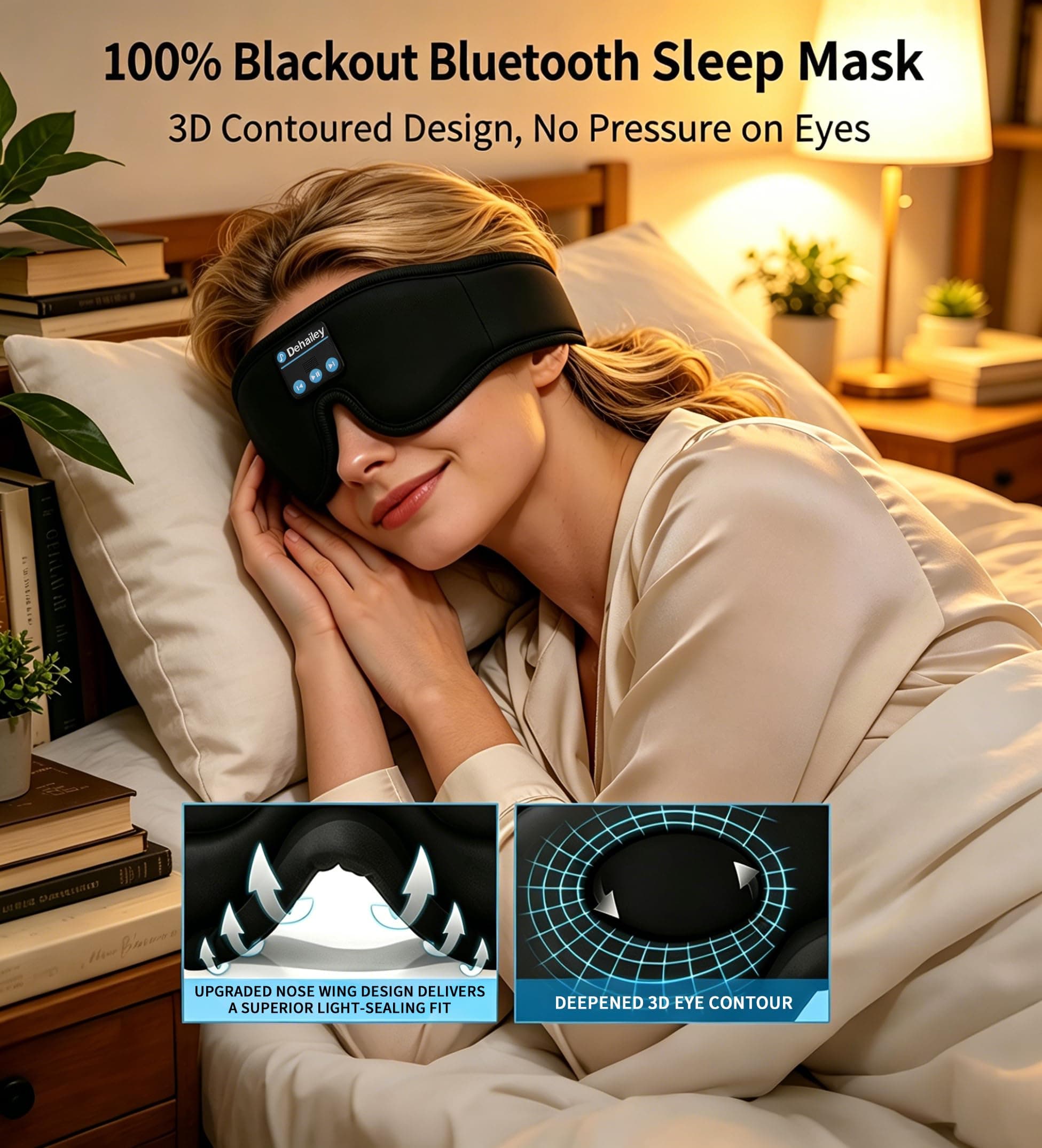 Dehailey Sleep Headphones, 3D Sleep Mask with Bluetooth Headphones, 100% Light Blocking Music Eye Mask, Sleeping Headphones for Side Sleepers Sleeping Mask Thin Stereo Speakers Perfect for Sleeping, view 2