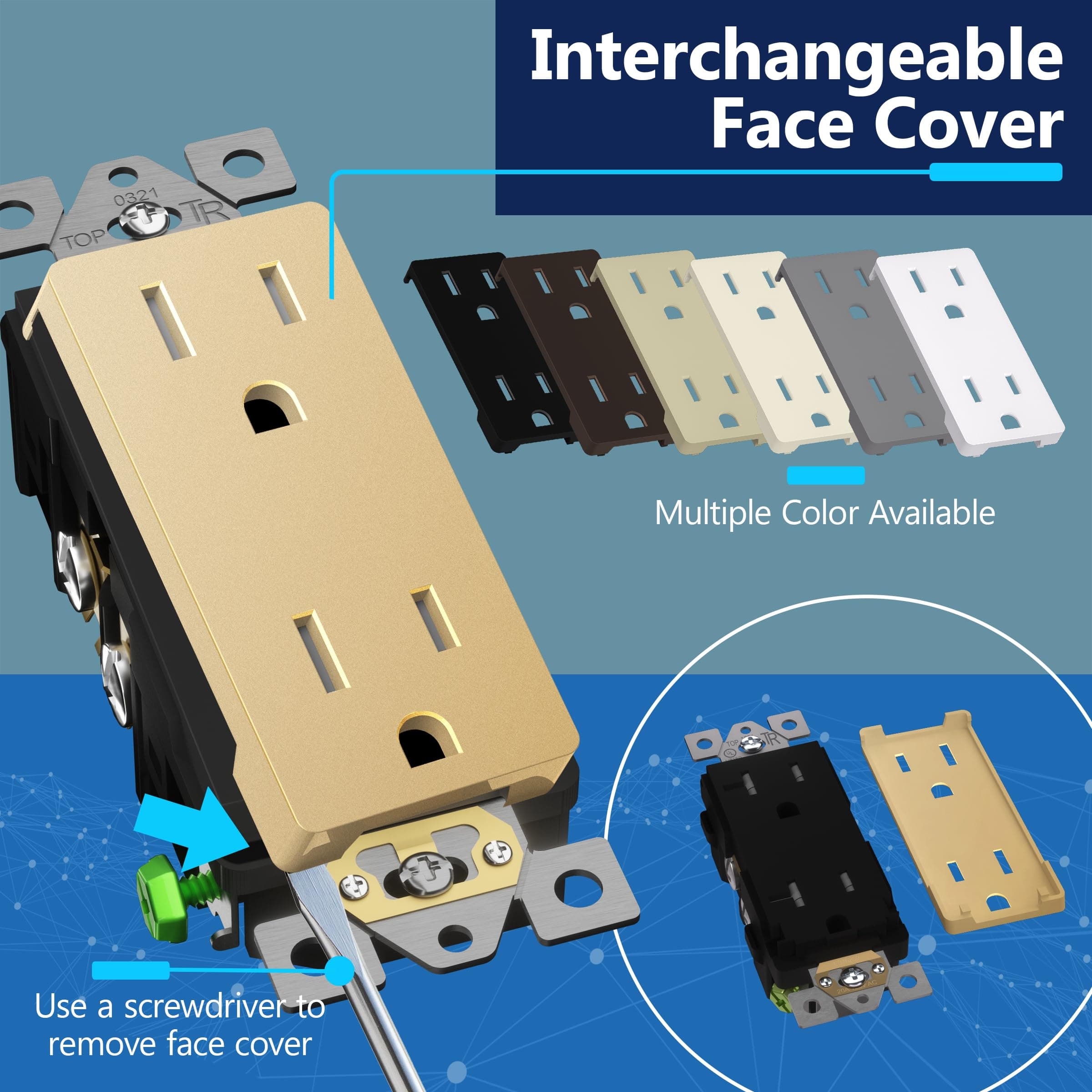 LIDER Receptacle, Interchangeable Face Cover, Wall Outlet, 15A, Matte Gold, view 2