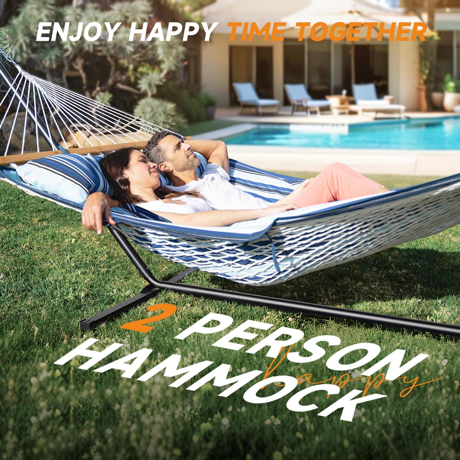 Everyfun 2 Person Hammock with Stand, Heavy Duty Double Cotton Rope Hammock with Removable Quilted Pad & Pillow, 500 LBS Adjustable Steel Frame, Tool-Free, Carry Bag for Outside Patio Yard, Blue, view 2