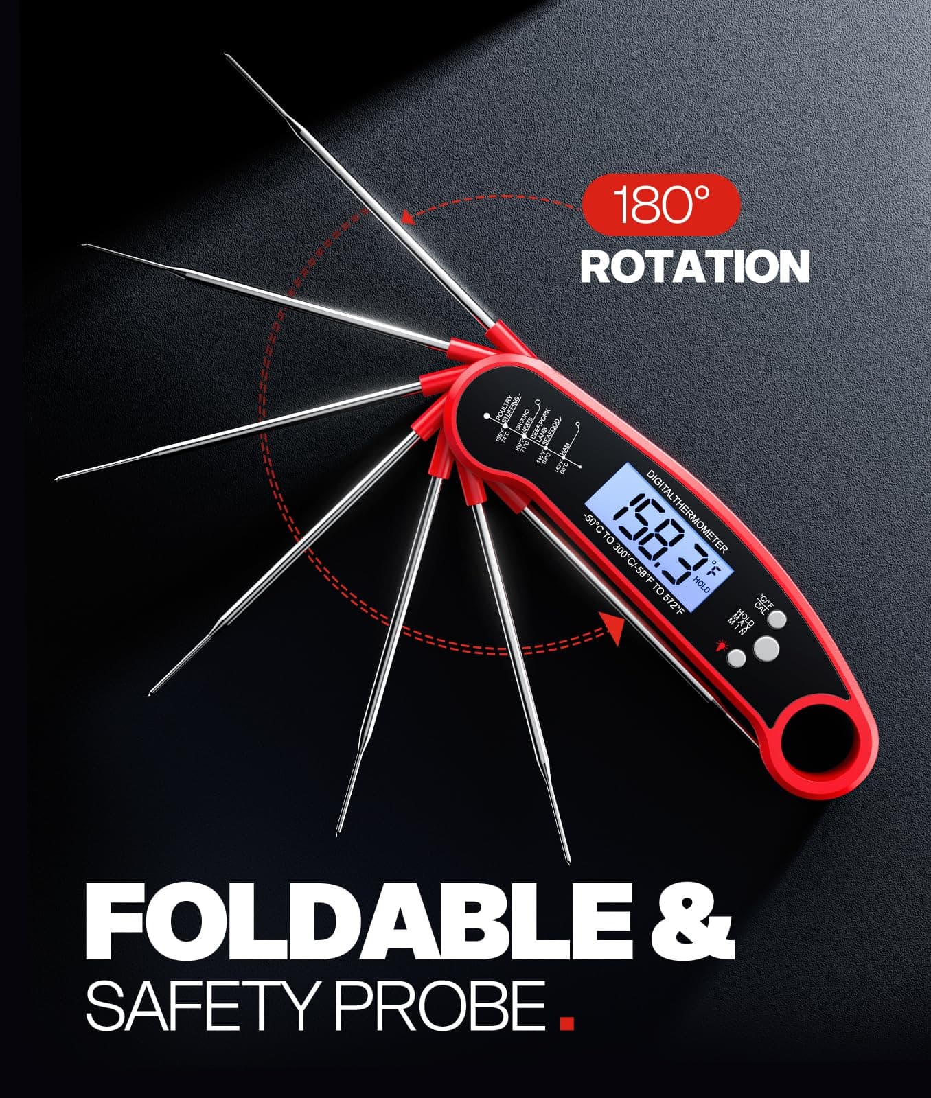 Meat Thermometer Digital – Instant Read Food Thermometer for Grilling, BBQ, Air Fryer, Smoker, Candy Making with Foldable Probe, Kitchen Gadgets, BBQ Essentials, Gift for Dad Men Husband Him, Red, view 3