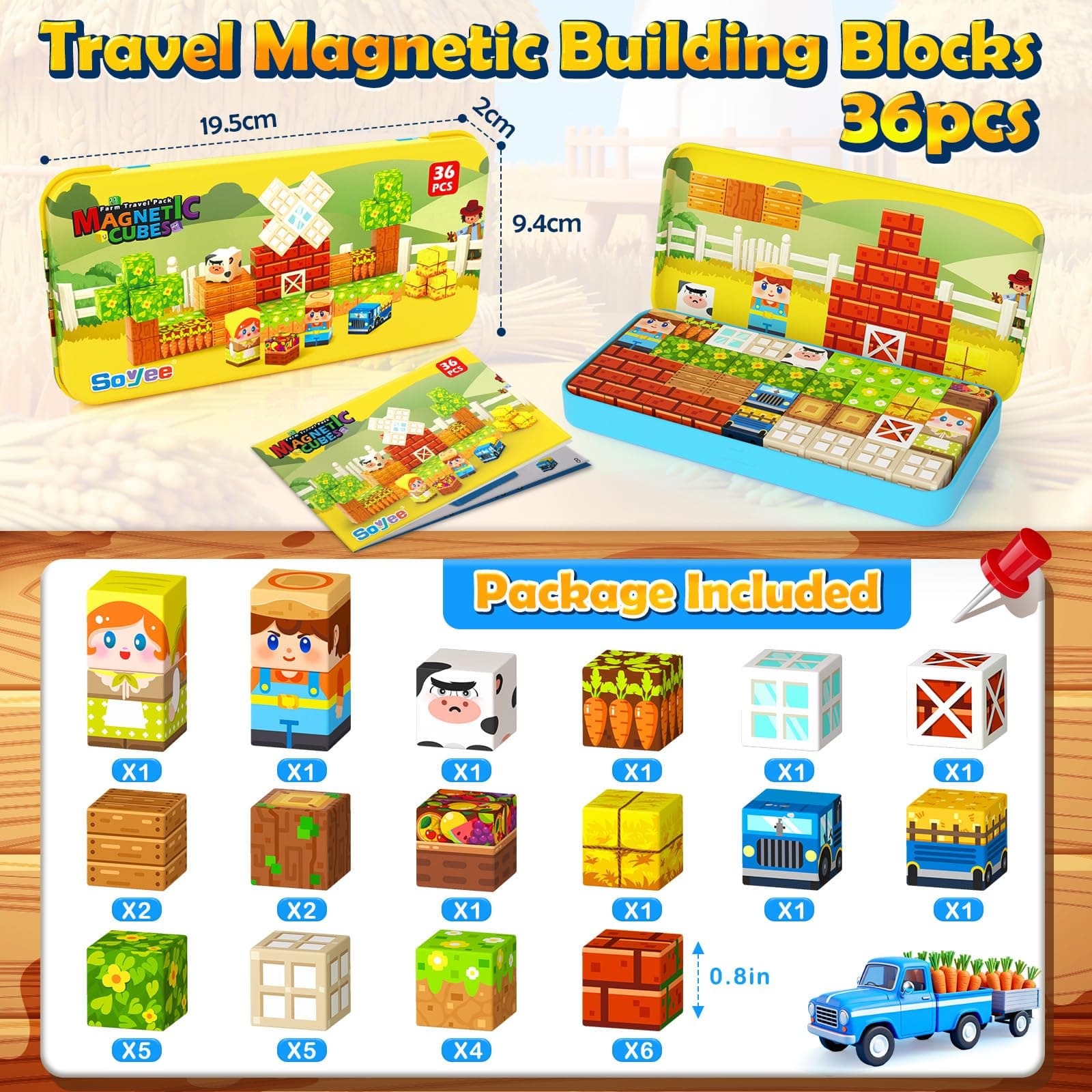Soyee Magnetic Blocks Travel Toddler Toys Magnet Building Tiles Construction Cubes STEM Sensory Learning Farm Toys with Box Christmas Birthday Gifts for Kids Ages 3 4 5 6 7 8 Year Old Boys Girls, view 5