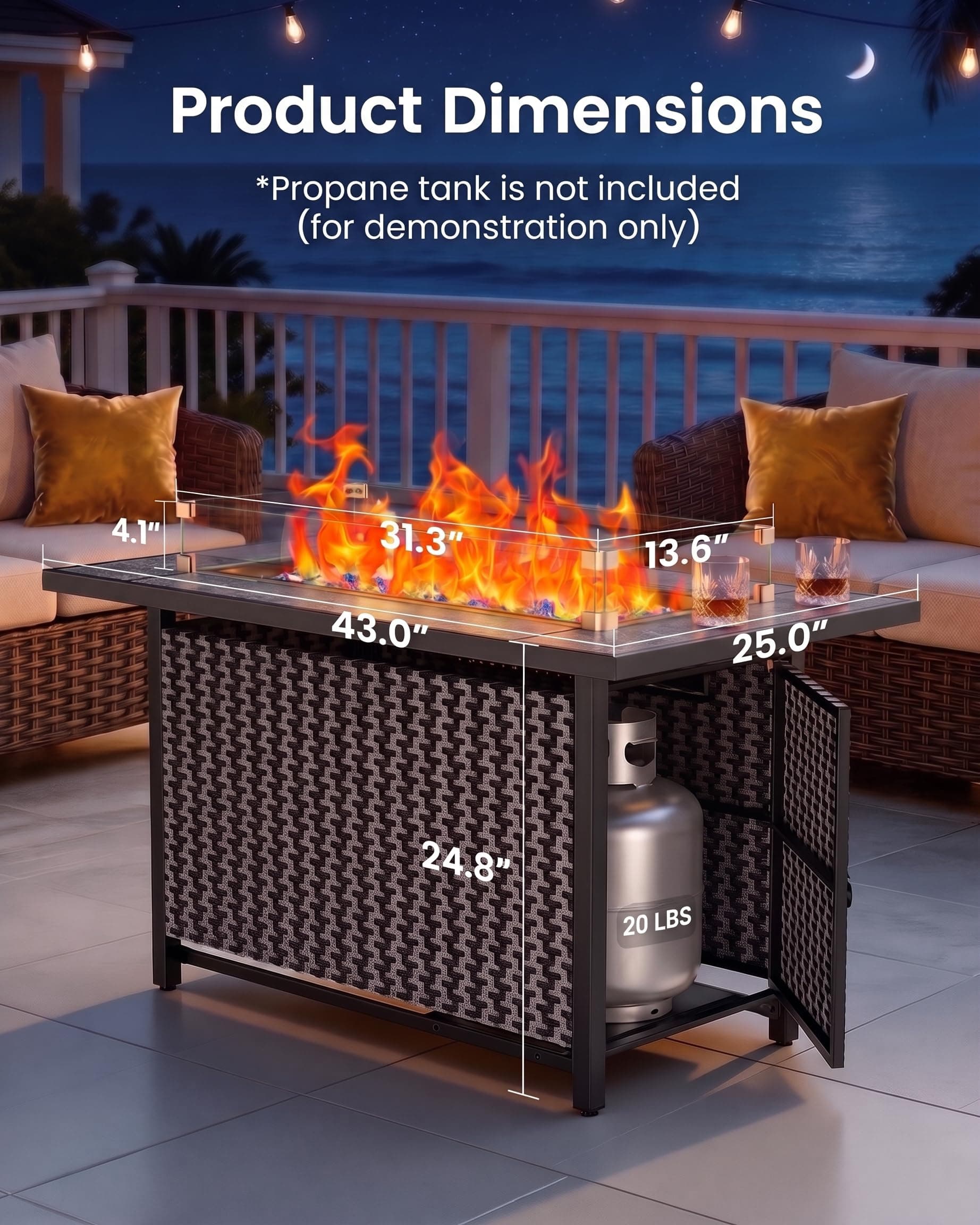 Ciays 43″ Fire Pit Table, Outdoor Propane Fire Pit Table with Premium Ceramic Tabletop, Glass Wind Guard, Lid, Glass Rock, 50,000 BTU CSA-Certified Gas Fire Pits for Outside Patio, Party, Deck, view 7