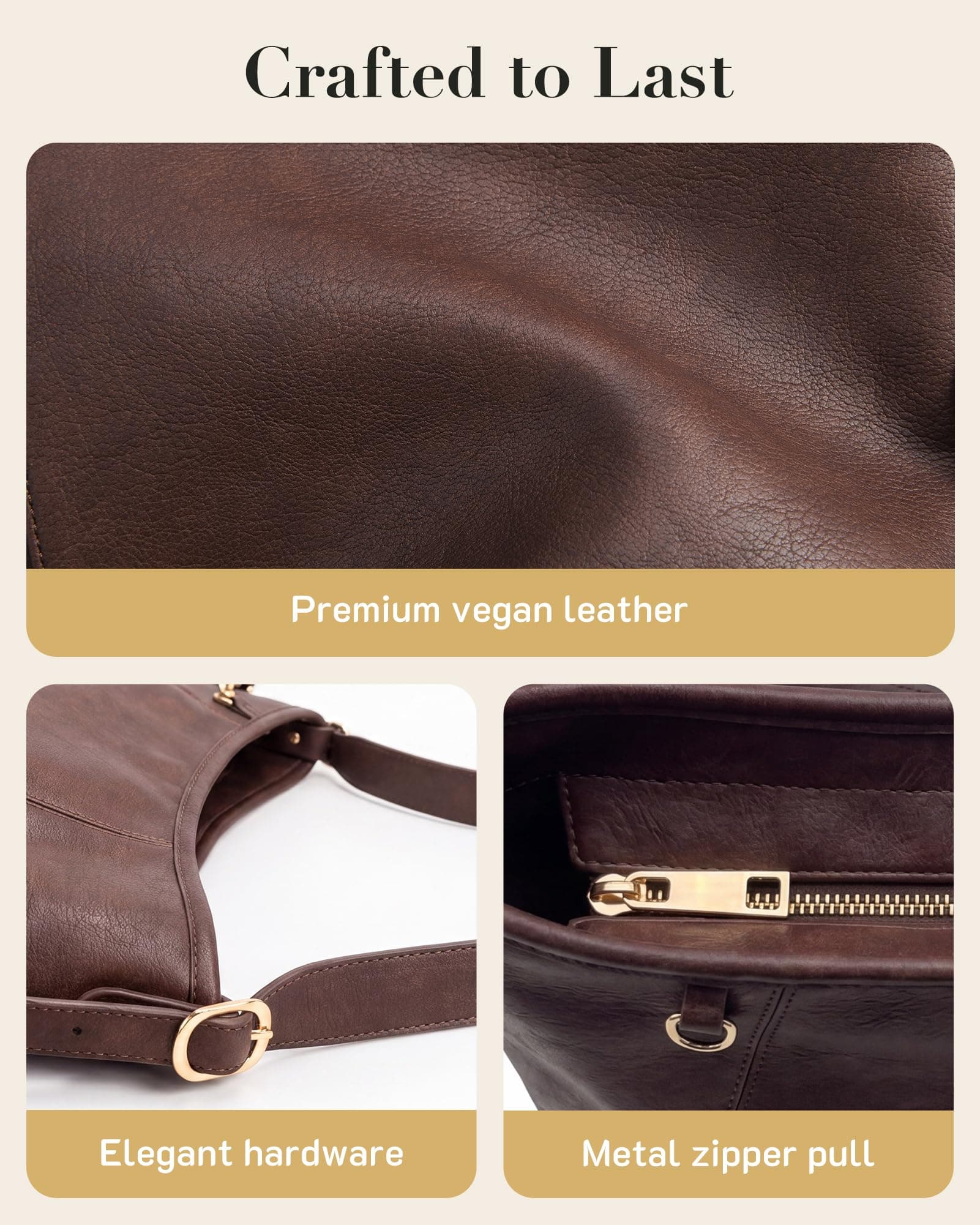 Missnine Hobo Bag for Women PU Leather Purses with Small Pouch, Multi-pocket Crossbody Handbags with Zipper, Everyday & Travel Ladies Chic Shoulder Bags Comfortable Adjustable Strap Tote Purse,Coffee, view 8