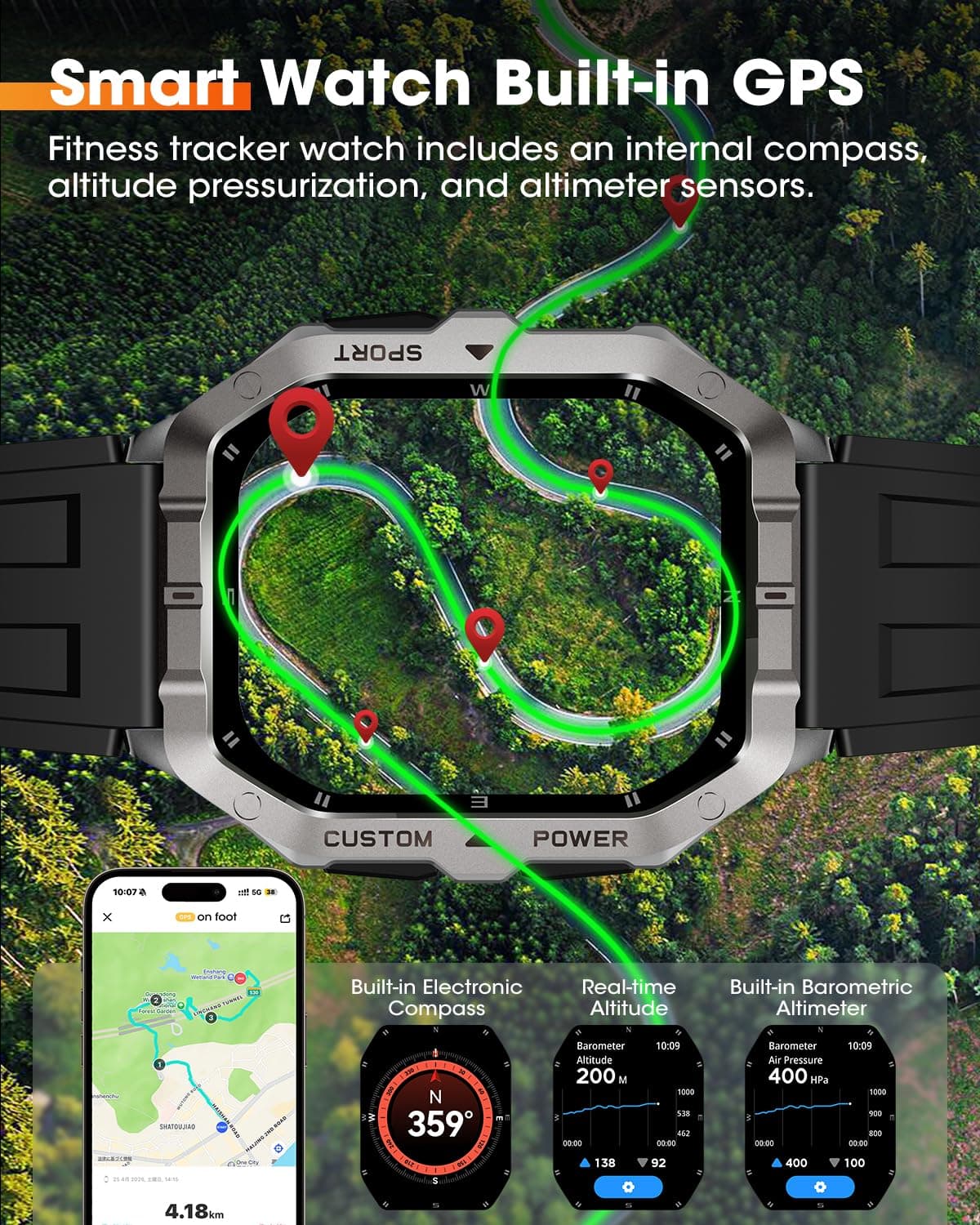 Military Smart Watches for Men,2.02''Smartwatch Fitness Tracker Built-inGPS, view 3
