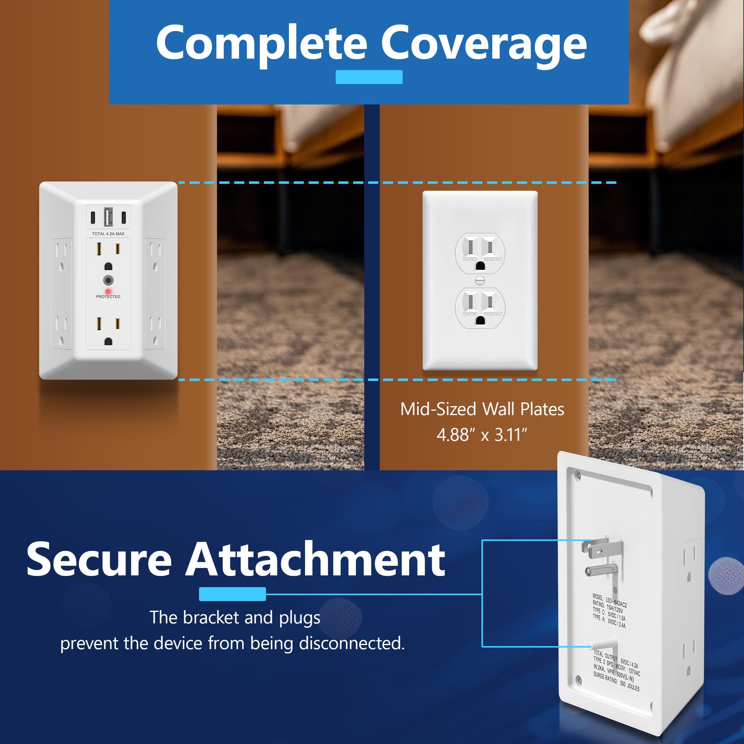 LIDER 6 Outlet Surge Protector Extender, 20W, 1500 Joules, Matte White, view 7