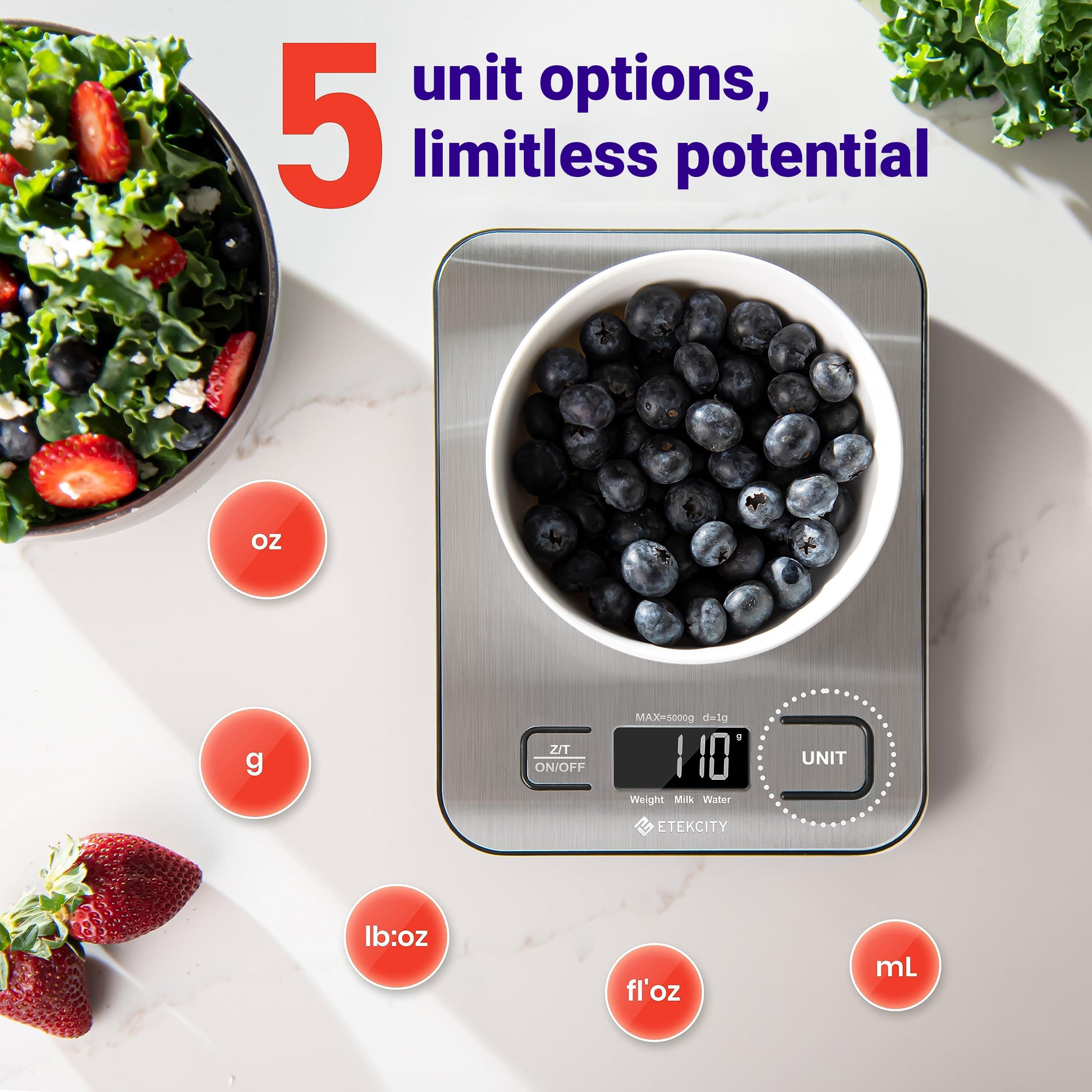Etekcity Food Kitchen Scale, Digital Grams and Ounces for Weight Loss, Baking, Cooking, Keto and Meal Prep, LCD Display, Medium, 304 Stainless Steel, view 3