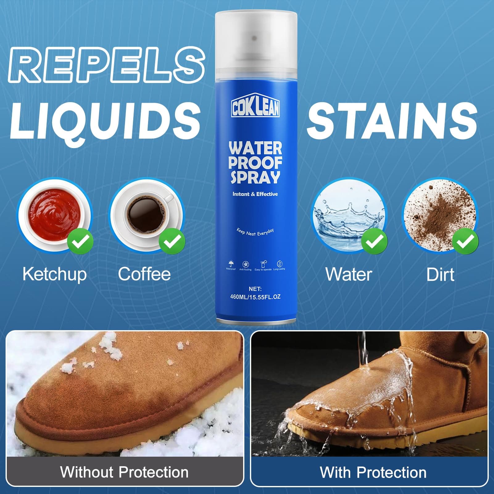 Coklean Shoe Waterproof Spray, Rain&Stain Nano Repellent for Suede,15.55 OZ, view 4
