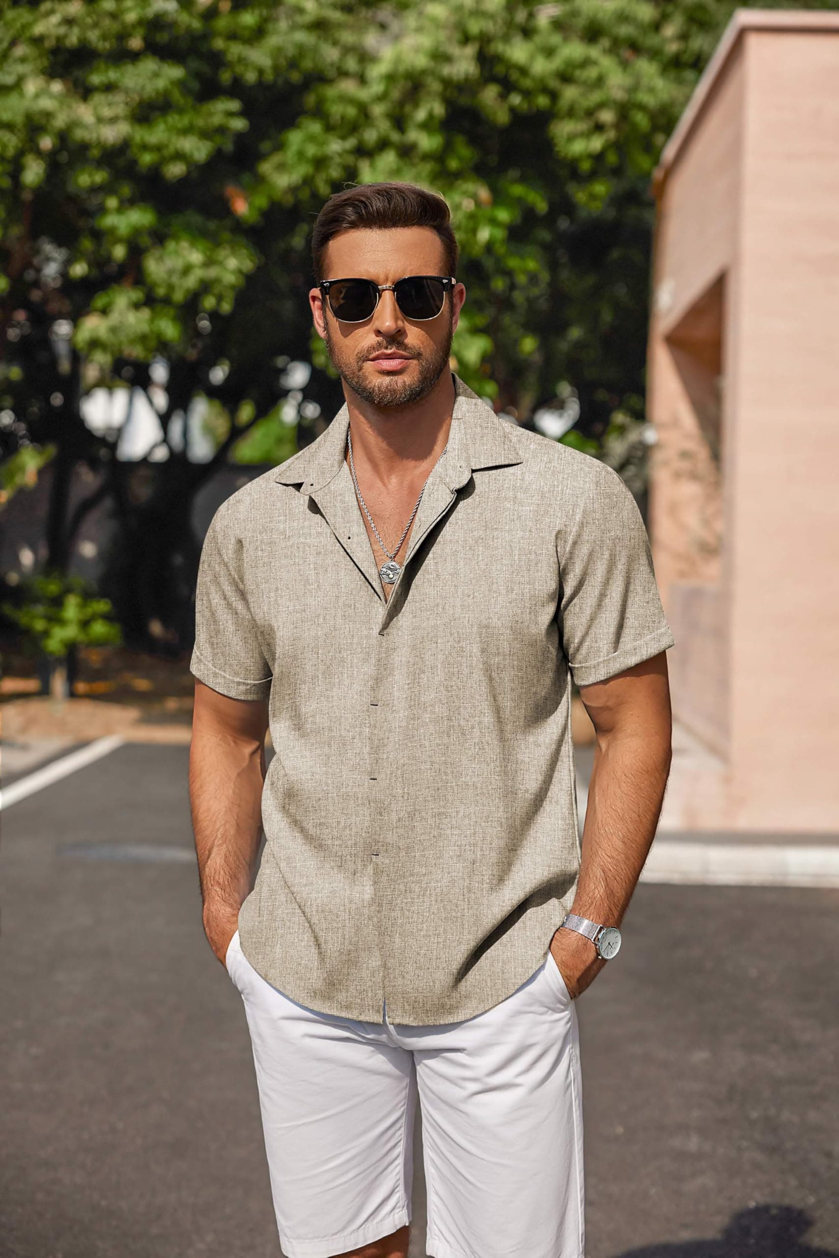 COOFANDY Men's Linen Shirts Short Sleeve Casual Button Down Shirt for Men Untucked Shirt Summer Vacation Khaki, view 5