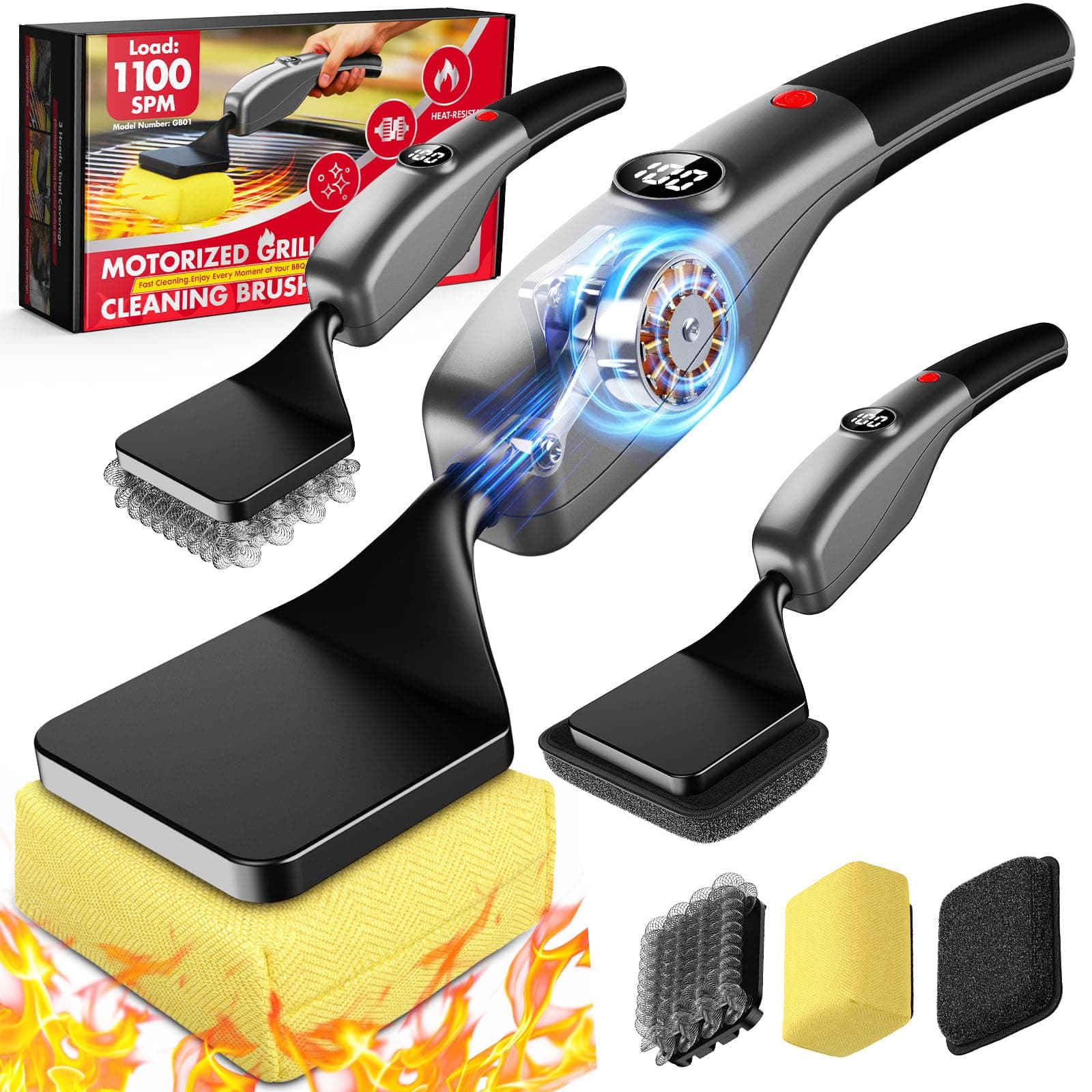 Reciprocating Electric Grill Brush, Fire-Resistant BBQ Grill Brush, Bristle-Free Grill Brush for Outdoor Grill, Grill Cleaner with 3 Heads, Grill Cleaning Brush with 3600 mAn, Silver, TickClip Clip verdict