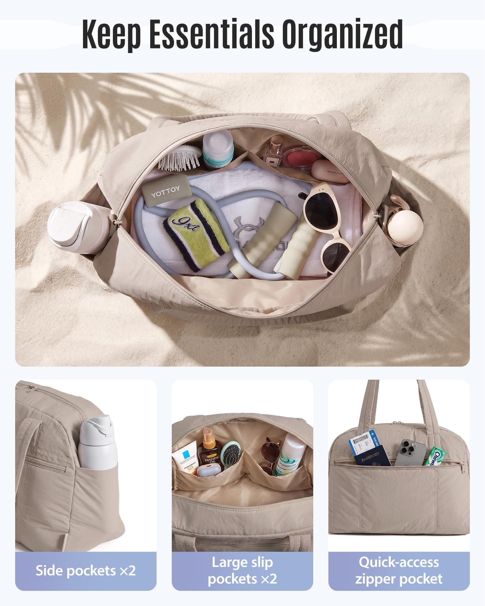 LIGHT FLIGHT Personal Item Travel Bag, Lightweight Gym Bag for Women, 20L Weekender Duffel Bag with Toiletry Pouch, Carry on Overnight Dance Duffle, Camel, view 3