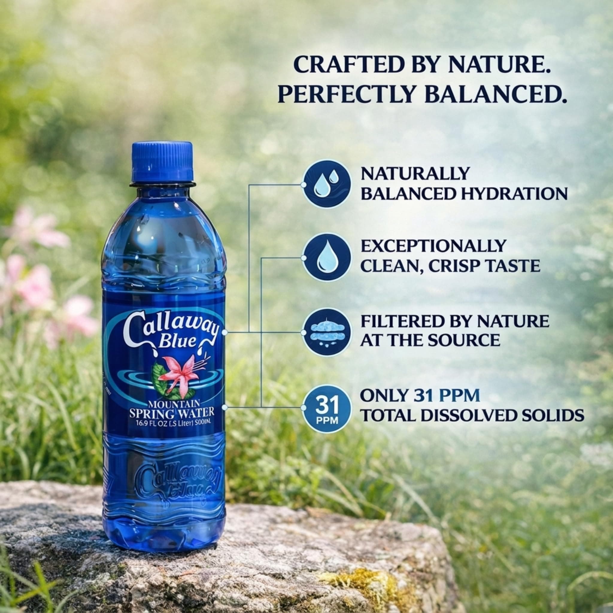 Callaway Blue Spring Water, 0.5L, Low Mineral 31 ppm TDS, 24 Pack, view 2