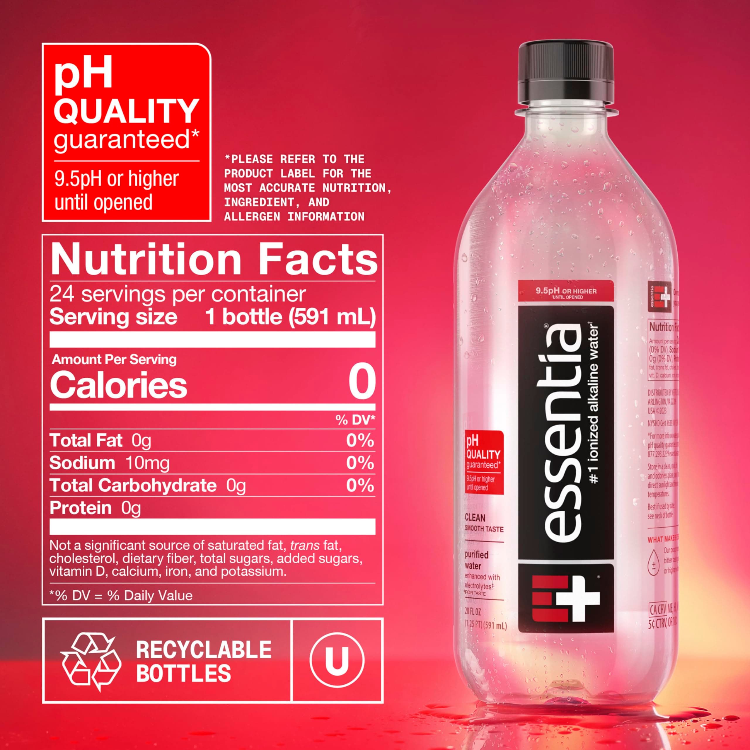 Essentia Water LLC, Ionized Alkaline Bottled Water; 99.9% Pure, Infused with Electrolytes, 9.5 pH or Higher a Clean, Smooth Taste, 20 Fl Oz (Pack of 24), view 6
