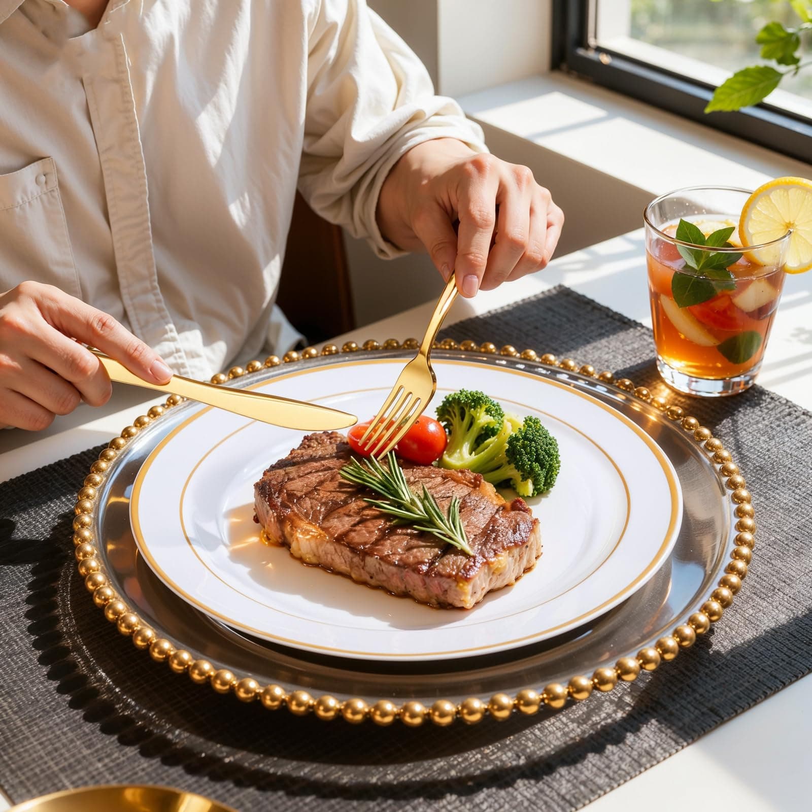 WDF Partyware 350Piece Gold Dinnerware Set for 50 Guests - Gold Plastic Plates with Disposable Cutlery - 50Dinner Plates-50Dessert Plates-50Pre Rolled Napkins with Silverware for Wedding/Birthday, view 2
