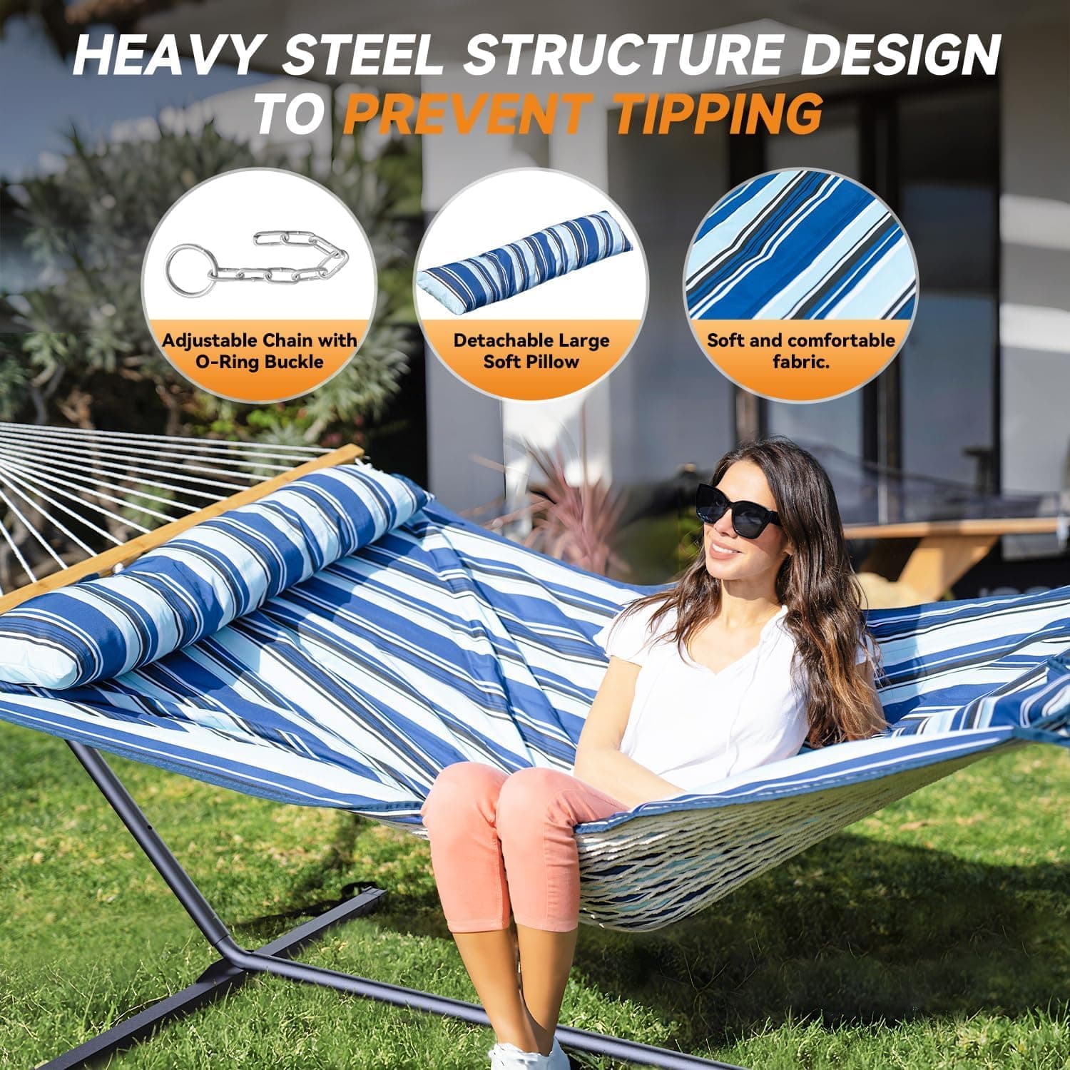 Everyfun Cotton Rope Hammock for 2 with Stand – 500 lbs Capacity, Adjustable Design with Removable Padded Mat, Portable Hammock with Carry Bag for Patio, Garden, Indoor/Outdoor Use,Blue Stripe, view 4