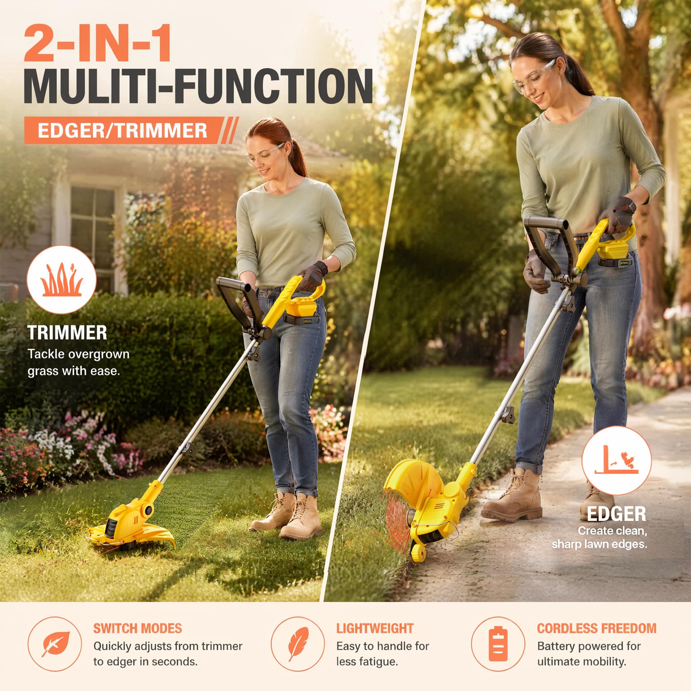 ALSO GO 21V Cordless Weed Wacker,12 Inch String Trimmer with Auto Line Feed, Battery Powered Weed Eater with 2 x 2.0Ah Batteries &10 Spare Spools, 2-in-1 Weed Whacker& Edger Lawn Tool for Yard, Garden, view 2