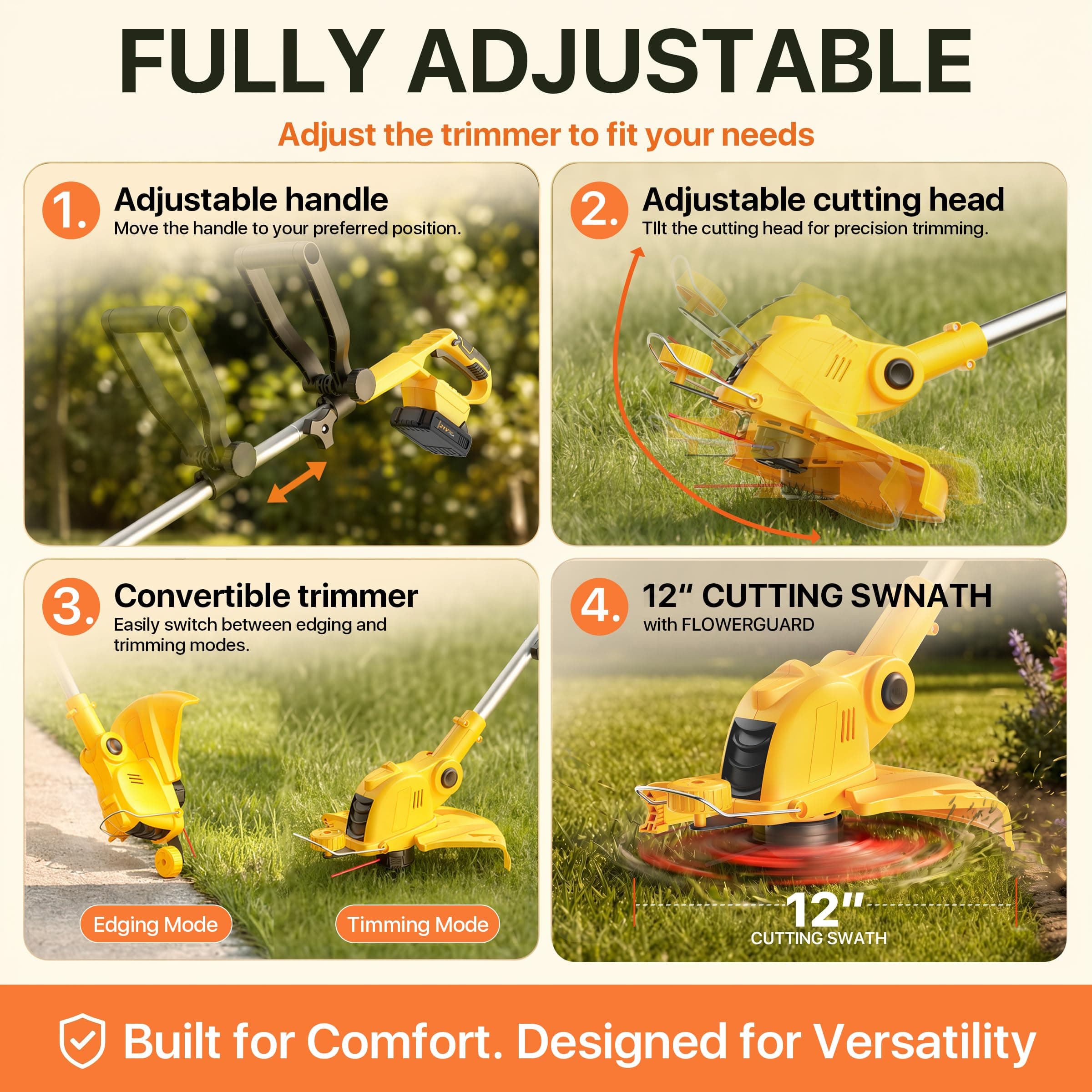 ALSO GO 21V Cordless Weed Wacker,12 Inch String Trimmer with Auto Line Feed, Battery Powered Weed Eater with 2 x 2.0Ah Batteries &10 Spare Spools, 2-in-1 Weed Whacker& Edger Lawn Tool for Yard, Garden, view 4