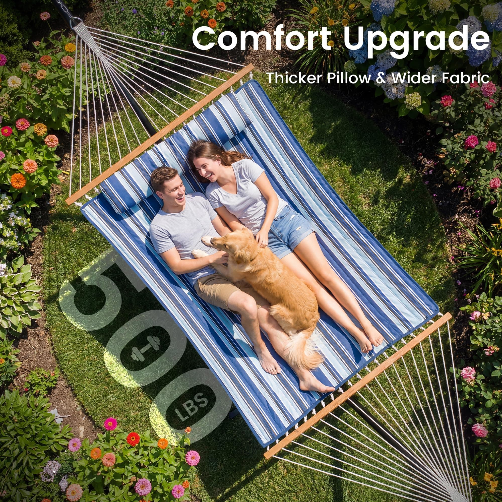 Everyfun 2 Person Hammock with Stand, Heavy Duty Double Cotton Rope Hammock with Removable Quilted Pad & Pillow, 500 LBS Adjustable Steel Frame, Tool-Free, Carry Bag for Outside Patio Yard, Blue, view 5