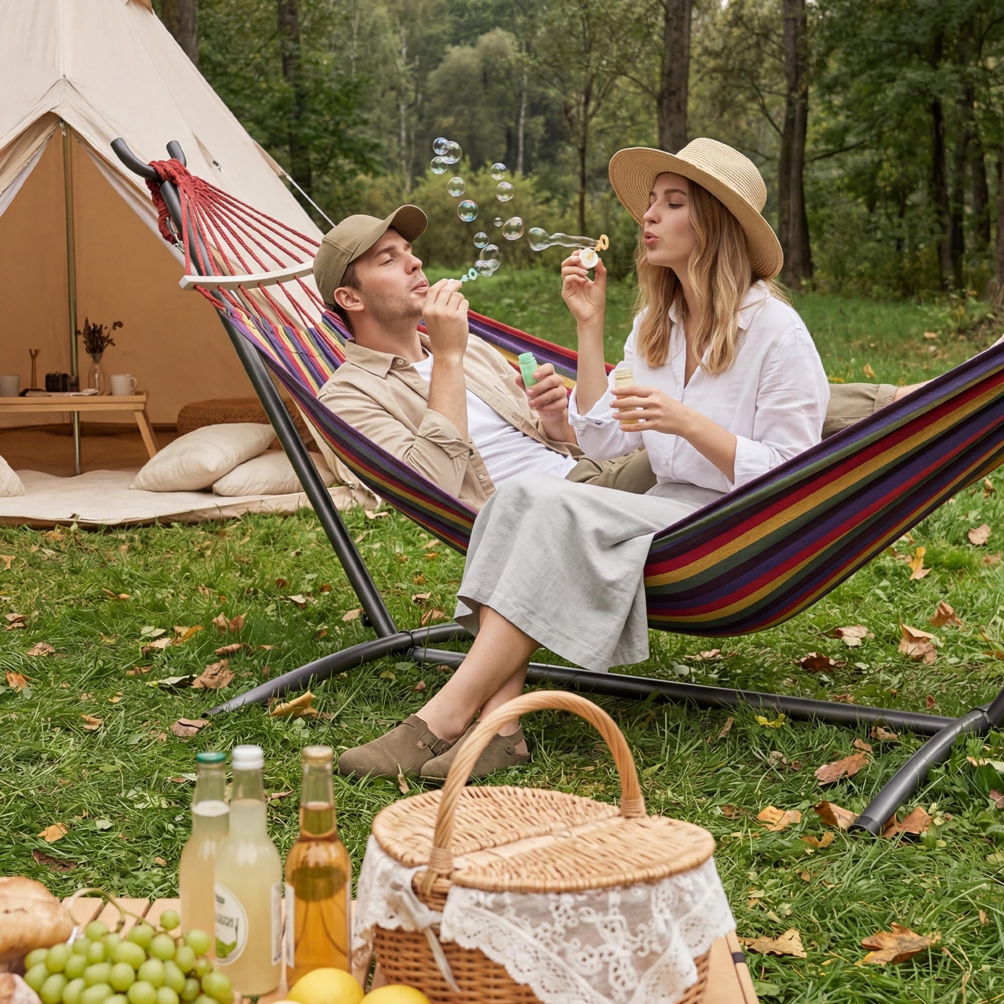 Everyfun Double Hammock with Stand, 2 Person Heavy Duty Hammock with Steel Stand, 600 lbs Capacity Cotton Hammock for Outdoor Indoor Patio Yard, Portable with Carrying Bag, Tool-Free 10-Min Assembly, view 9